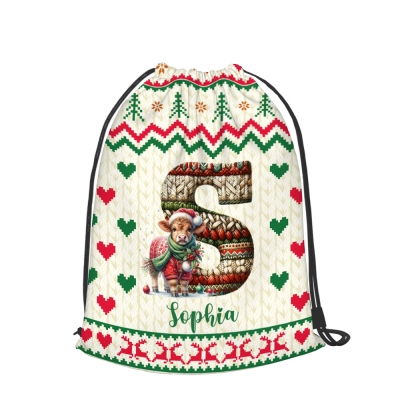 Custom Name & Initial Animals Wearing Christmas Sweaters Design Backpack, Large Capacity Santa Sack with Drawstring, Christmas Gift for Family/Kids