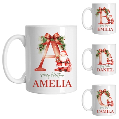 Personalized Name & Initial Cartoon Santa Claus Pattern Mug, 11oz Ceramic Coffee Cup, Christmas Party Favors, Christmas Gift for Kids/Friends/Family