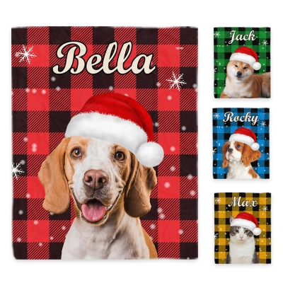 Custom Pet Name Portrait Colorful Plaid Blanket with Santa Hat, Soft Flannel Fleece Blanket, Christmas Home Decor, Christmas Gift for Pet Lover/Owner