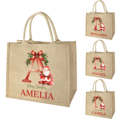 Personalized Initial & Name Cartoon Santa Claus Design Tote Bag, Women's Large Capacity Jute Bag with Handle, Christmas Gift for Wife/Mom/Grandma/Her