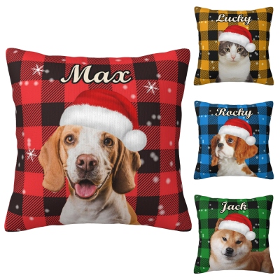 Personalized Pet Name & Portrait Checkerboard Pillow Cover with Santa Hat, Pillowcase with Optional Insert, Christmas Gift for Pet Lovers/Owners