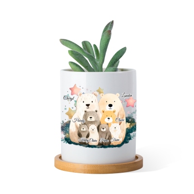 Personalized Names Family Bears Plant Pot, Ceramic Pot with Drainage & Bamboo Tray, Birthday/Christmas Gift for Mom/Grandma/Family/Plant Lovers