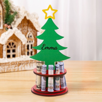 Custom Name Freestanding Wooden Christmas Tree Money Holder for Cash Gift Card, Christmas Cash Holder Holiday Table Decor, Christmas Gift for Family