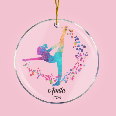 Personalized Name Numbers Watercolor Gymnastics Silhouette Christmas Tree Ornament, Acrylic Hanging Decor, Christmas Gift for Gymnast/Daughter/Sister