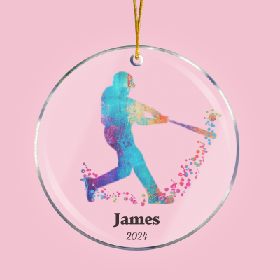 Custom Name Year Watercolor Baseball Silhouette Hanging Decor, Acrylic Sports Christmas Tree Ornament, Christmas Gift for Baseball Lovers/Players/Team