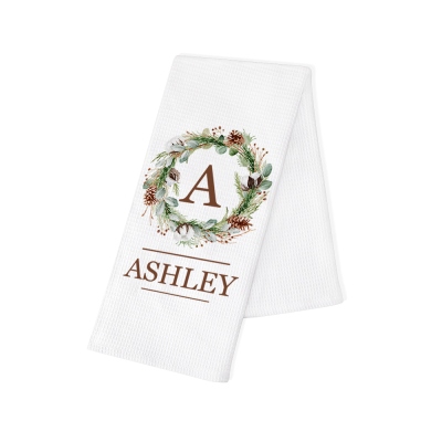 Custom Name & Initial Wreath Tea Towel, 100% Cotton Waffle Hand Towel, Kitchen Supply Farmhouse Decor, Housewarming/Christmas Gift for Her/Mom/Hostess