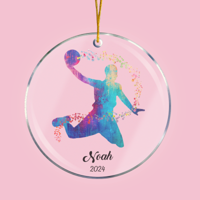 Custom Watercolor Basketball Silhouette Ornament with Name & Year, Acrylic Christmas Tree Ornament, Christmas Gift for Basketball Players/Sports Lover