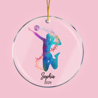 Custom Name & Year Watercolor Volleyball Silhouette Christmas Tree Ornament, Acrylic Hanging Decor, Christmas Gift for Volleyball Player/Coach/Team