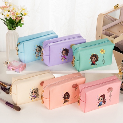 Personalized Fashion Cartoon Character Makeup Bag, Custom Birth Flower & Name Leather Travel Cosmetic Bag, Birthday/Christmas Gift for Women/Girls