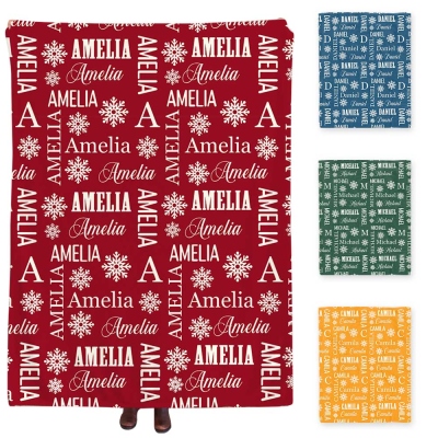 Personalized Name Snowflake Pattern Flannel/Sherpa Blanket, Soft Cozy Throw for Bed Couch, Home Decor, Christmas/Birthday Gift for Kids/Boys/Girls