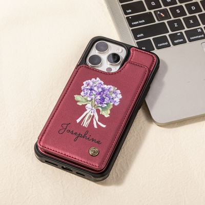 Custom Name Birth Flower Leather Wallet Phone Case with Card Holder, RFID Blocking Kickstand Shockproof Wallet Case for iPhone, Gift for Her/Mom/Women