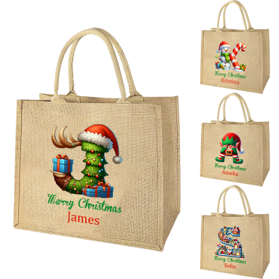 Custom Initial Name Large Capacity Tote Bag, Elf/Tree/Snowman/House Letter Design Jute Bag with Handle, Christmas Gift for Her/Mom/Wife/Friends