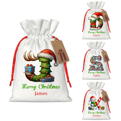 Personalized Name & Initial Xmas Treat Gift Bag, Elf/Tree/Snowman/House Letter Design Santa Sack with Drawstring, Christmas Gift for Kids/Boys/Girls