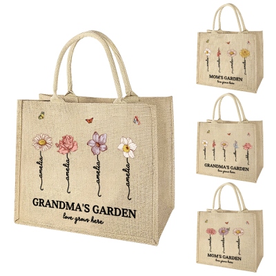 Custom Name Birth Flower Burlap Tote Bag, Mom's/Grandma's Garden Handbag, Large Capacity Jute Bag, Mother's Day/Birthday Gift for Mom/Grandma/Her