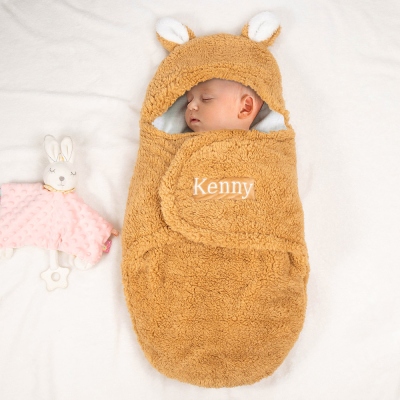 Personalized Name Bunny Baby Swaddle, Infant Sleeping Bag Blanket, Holiday Costume, Baby Shower Gift for Newborn