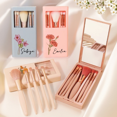 Personalized Name & Birth Flower Makeup Brush Set with Mirror, Travel Accessories, Birthday/Christmas/Wedding Gift for Wife/Friends/Bridesmaids/Her