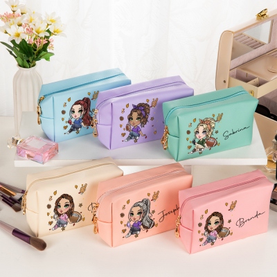 Personalized Cartoon Fashion Girl Makeup Bag with Name, Multicolor Travel Leather Cosmetic Bag, Birthday/Christmas Gift for Woman/Girl