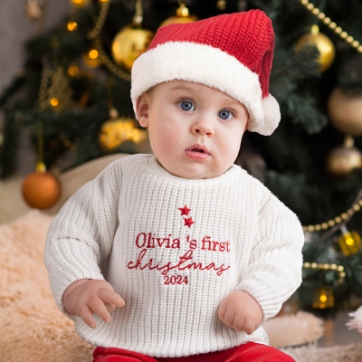 Personalized Name Embroidered First Christmas Baby Knitted Jumper with Hat, Christmas Sweater 2024, Christmas Gift for Baby Boys & Girls/Toddlers