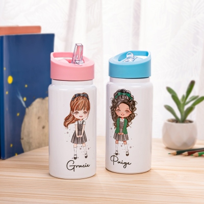 Personalized Name Girls School Tumbler, 14oz Stainless Steel Water Bottle with Straw, First Day of School/Back to School Gift for Daughter/Niece/Girls