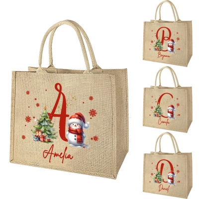 Custom Name & Letter Christmas Snowman Burlap Tote Bag, Large Capacity Jute Bag, Shopping Bag, Holiday Party Favor, Christmas Gift for Her/Mom/Kids