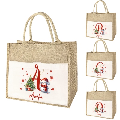 Custom Name & Letter Christmas Snowman Burlap Tote Bag, Large Capacity Jute & Cotton Tote Bag, Holiday Party Favor, Christmas Gift for Her/Mom/Kids