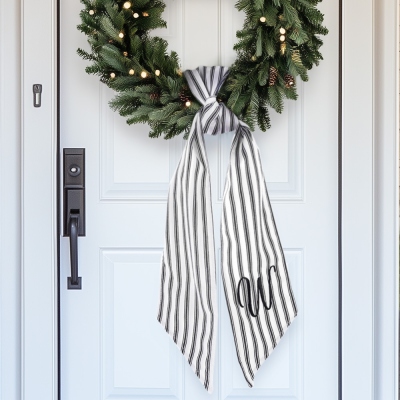 Personalized Embroidered Black Ticking Stripe Wreath Sash for Front Door, Striped Scarf for Boxwood Wreath, Modern Farmhouse Decor, Christmas Gift