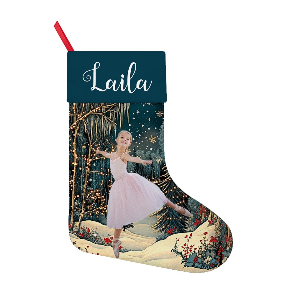 Personalized Ballet Girl Photo Christmas Stocking with Fairyland Background, Custom Name and Picture, Festival Fireplace Hanging Decoration, Christmas Gift for Girls