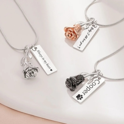 Personalized Rose Flower Urn Necklace of Ashes with Engraved Text, Rose Flower Cremation Jewelry, Sympathy/Memorial Gift for Family/Friends/Pet Owners