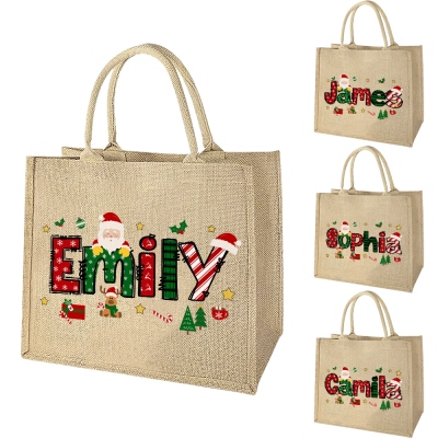 Personalized Name Christmas Tree Santa Burlap Tote Bag, Large Capacity Jute Bag, Shopping Bag, Holiday Party Favor, Christmas Gift for Mom/Family/Kids