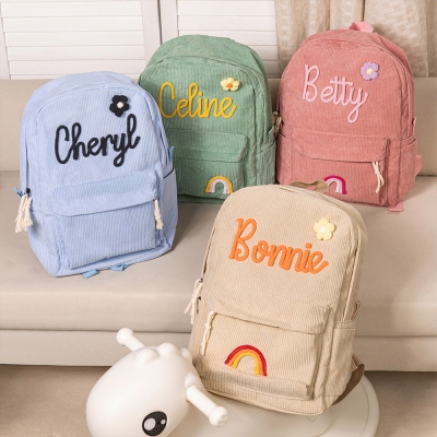 Personalized Braided Flower Rainbow Name Corduroy Backpack, Custom Toddler School Bag, Birthday/Children's Day/Back to School Gift for Kids