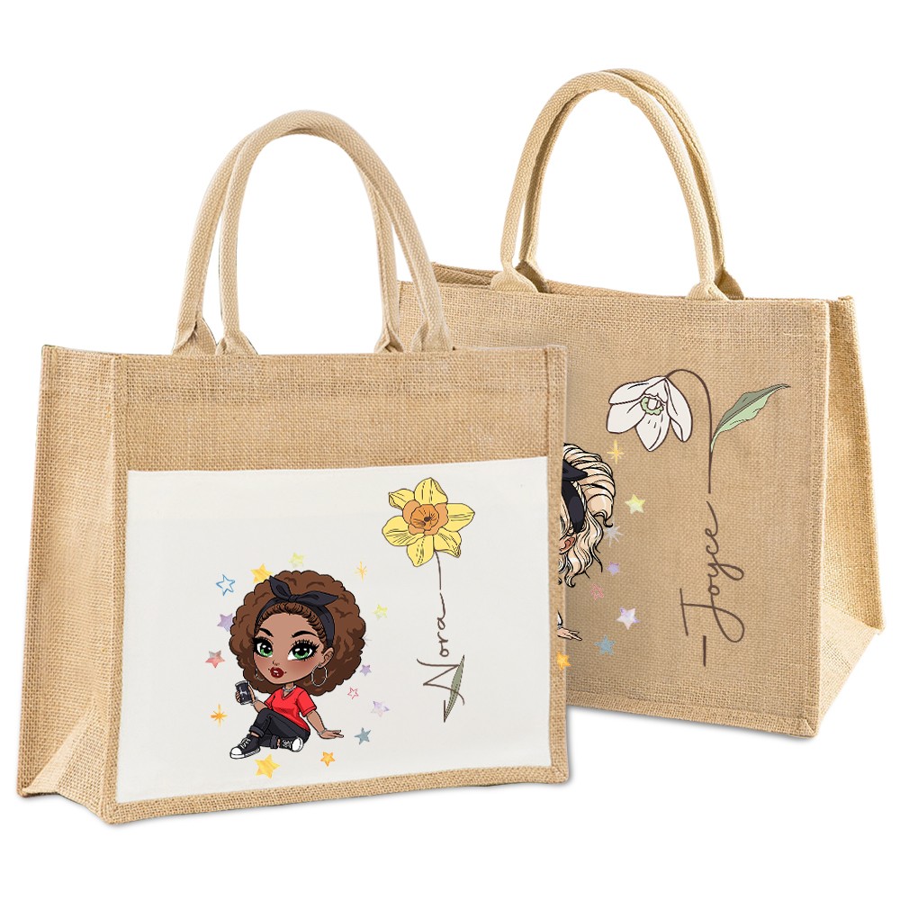 Personalized Fashion Girl Jute Bag with Birth Flower & Name, Large Capacity Burlap Tote Bag, Shopping Bag, Birthday/Christmas Gift for Women/Girls