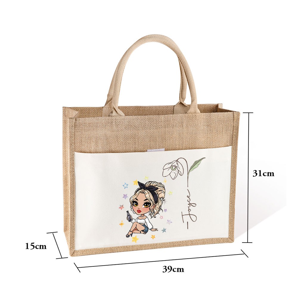 Personalized Fashion Girl Jute Bag with Birth Flower & Name, Large Capacity Burlap Tote Bag, Shopping Bag, Birthday/Christmas Gift for Women/Girls