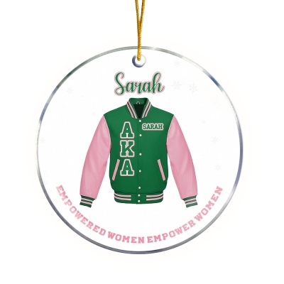 Custom Name AKA Pink & Green Jacket Christmas Ornament, Acrylic Xmas Hanging Decor, Empowered Women Winter Keepsake, Christmas Gift for Women/Girls