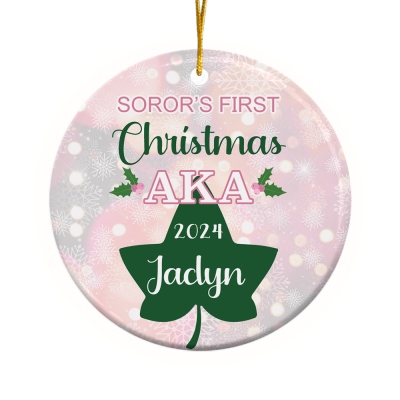 Custom Name & Photo AKA Soror's First Christmas Ornament, Ceramic Xmas Hanging Decor, Women's Winter Holiday Keepsake, Christmas Gift for Women/Girls