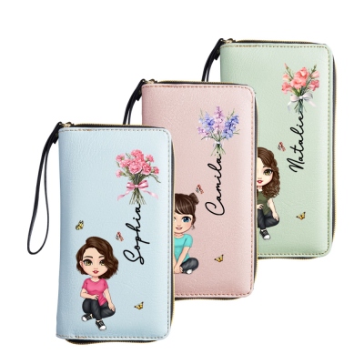 Custom Name Cartoon Character Birth Flower Wallet, Vegan Leather Purse with Wrist Strap & Multiple Compartments, Mother's Day/Birthday Gift for Her