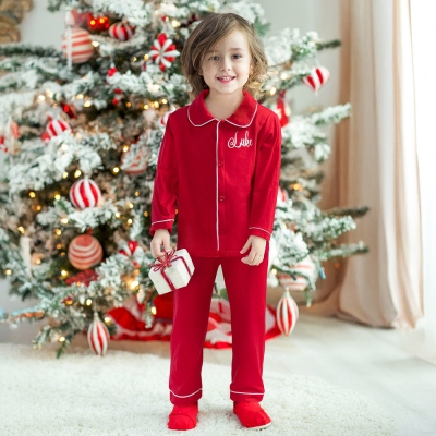 Custom Name Kids Christmas Pajamas Set, Red Ruffle Pj Set for Girls, Boys Matching Pajamas Shirt & Bottoms, Xmas Eve Costume, Christmas Gift for Kids