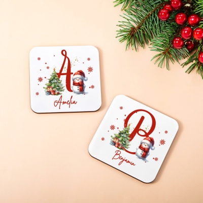 Personalized Initial & Name Christmas Snowman Coaster, Wooden Drink Cup Mat, Winter Holiday Decor, Housewarming/Christmas Gift for Family/Friends