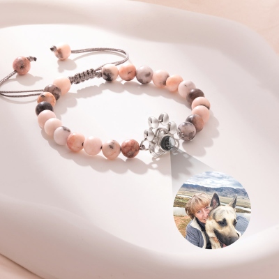 Custom Photo Projection Paw Print Tiger Eye Beaded Bracelet, Angel Wing Paw Natural Healing Stone Adjustable Bracelet, Sympathy Gift for Pet Mom/Dad