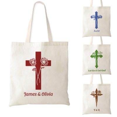 Custom Names Cross Tote Bag with Two Birth Flowers, Bible Carrying Tote, Christian Faith Canvas Bag, Birthday/Christmas/Baptism Gift for Mom/Her/Women