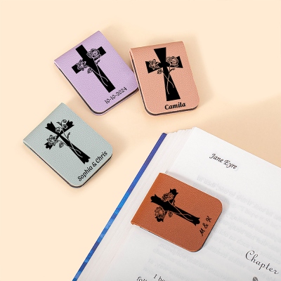 Segnalibro in pelle con fiori di nascita a croce personalizzati, clip per segnalibro magnetico cristiano, accessorio per libri, regalo di Natale per amanti dei libri/lettori della Bibbia