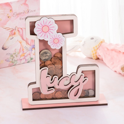 Personalized Name Wooden Letter Money Bank, Letter Clear Window Coin Bank Money Box, Kids' Room Decor, Birthday/Christmas/Children's Day Gift for Kids