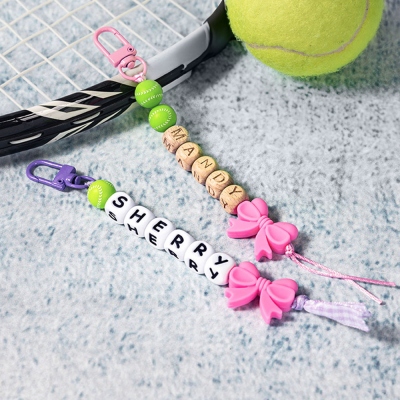 Personalized Name Beaded Sports Keychain, Multicolor Ball Sports Name Tag Charm with Bow, Backpack Accessory, Gift for Sports Lovers/Players/Teammates