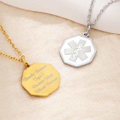 Personalized Medical Alert Necklace, Engraved Medical ID Tag Emergency Pendant, Allergy Diabetes Epilepsy Info Charm, Gift for Family/Grandparents