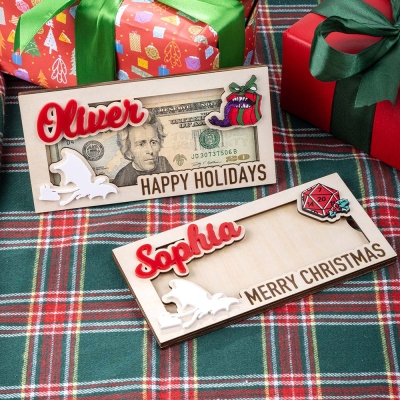 Personalized Christmas Dragon Xmas Money Holder, Custom Name D20 Dice Cash Holder, Currency Wallet Display Box, Christmas Gifts, Money Card Gift