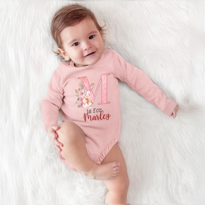 Custom Name & Initial Baby's Easter Bunny Bodysuit, 100% Cotton Long Sleeve Baby Onesie, Easter Outfit, Baby Shower/Easter Gift for Newborns/Infants