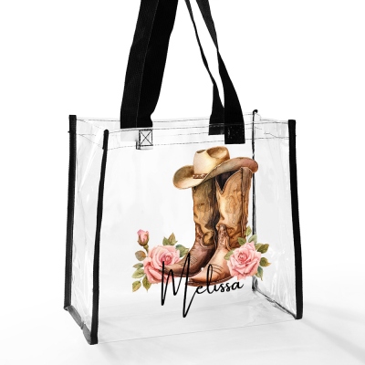 Custom Name Birth Flower Cowgirl Boots Clear Tote Bag, Floral Western Boots PVC Handbag, Birthday/Mother's Day/Wedding Gift for Her/Mom/Bridesmaids