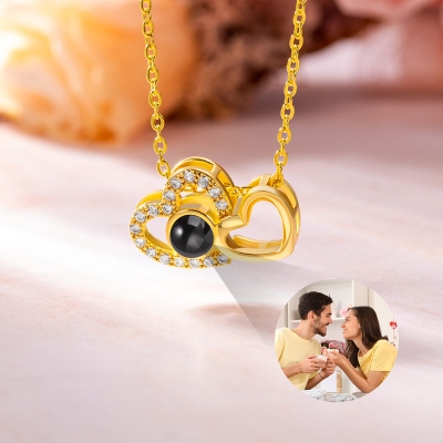 Collier de projection photo personnalisé à double cœur avec zircone cubique, bijoux en argent sterling 925, cadeau d'anniversaire/anniversaire/Saint-Valentin pour elle/maman