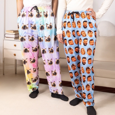 Personalized Portraits Pajama Pants with Drawstring, Custom Face Photos T-Shirt, Unisex Matching T-Shirt & Bottoms Pajama Set, Gift for Family/Kids