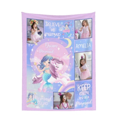 Couverture sirène pour petite fille avec nom et photos personnalisées, jeté de lit doux en flanelle/sherpa, couverture de dessin animé girly, décoration d'intérieur, cadeau d'anniversaire pour enfants/filles