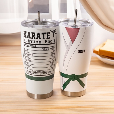 Custom Name Karate Belt Uniform Tumbler, 12/20/30oz Stainless Steel Tumbler with Lid & Straw, Birthday/Appreciation Gift for Karate Lover/Coaches